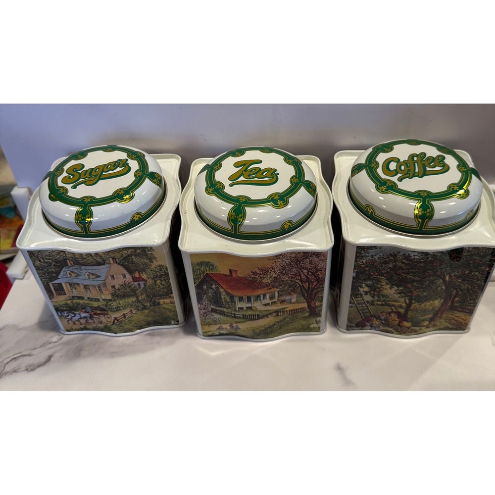 Vintage M&AM Tin Canister Set Sugar Tea Coffee 3pc Pastoral Scenes Hong Kong